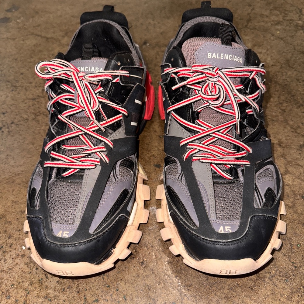 Balenciaga Black and Gray Trail Sneakers with Red Laces